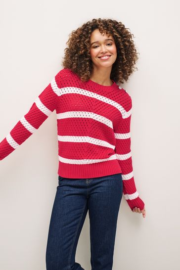 Buy Bright Red White Stripe Gem Button Stitch Detail Crew Neck