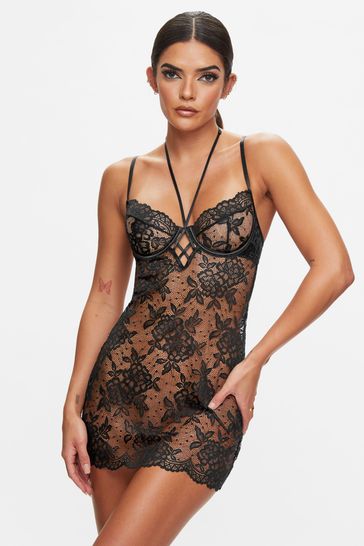 Ann Summers Black Tallulah Wired Lace Chemise Slip Nightie