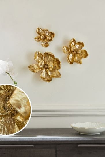 Set of 3 Gold Orchid Flower Wall Art
