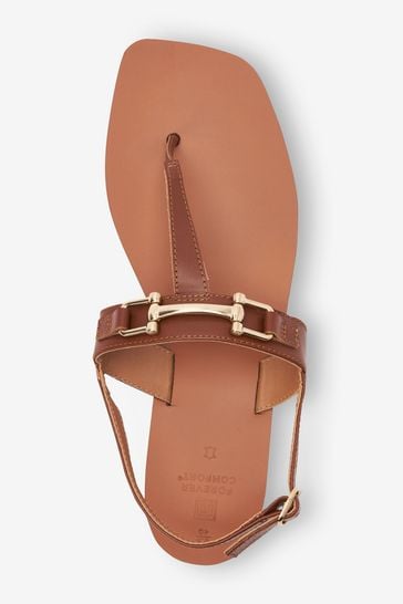 Tan Brown Leather Toe Post Flat Sandals with Metal Detail