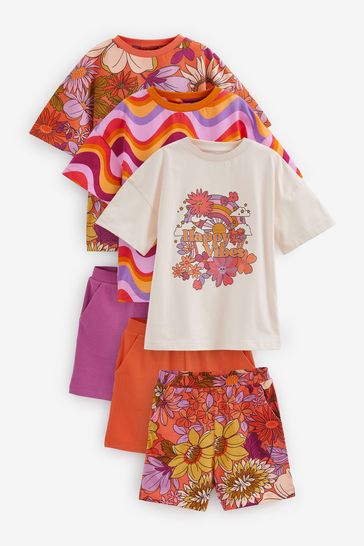 Purple/Orange Retro Floral Short Pyjamas 3 Pack (9mths-16yrs)