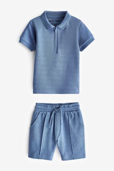 Buy Blue Short Sleeve Jersey Zip Neck Polo Shirt And Shorts Set