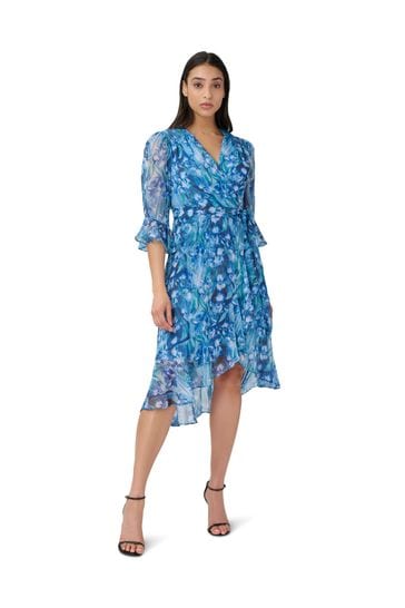 Adrianna Papell Blue Printed Chiffon Short Dress