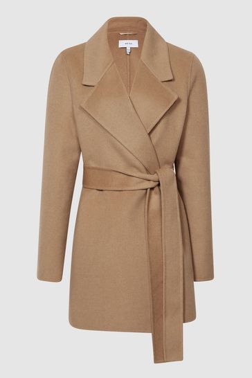 Reiss Camel Amalia Belted Blindseam Short Wool Coat