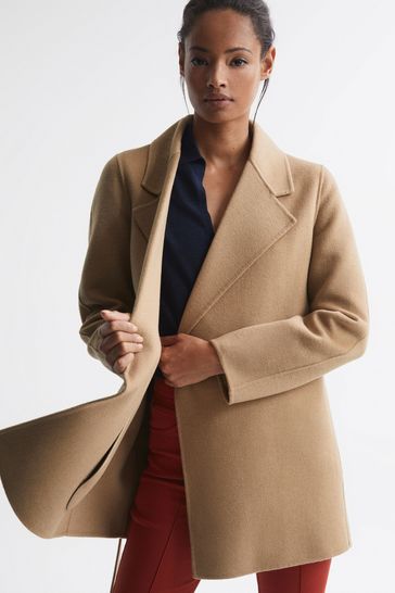 Reiss Camel Amalia Belted Blindseam Short Wool Coat