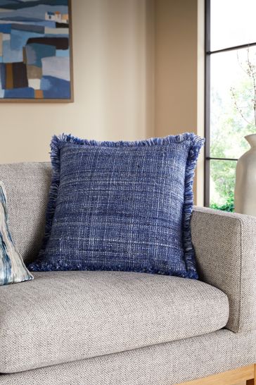 Blue 50 x 50cm Harlston Textured Fringe Cushion