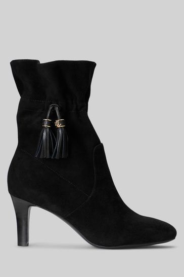 Lauren Ralph Lauren Candace Suede Leather Logo Ankle Heel Black Boots