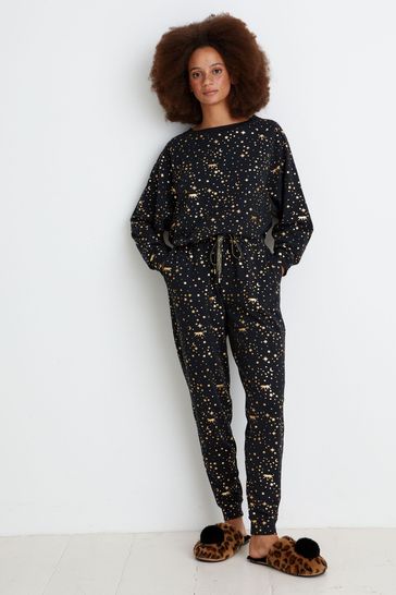 Oliver Bonas Leopard Star Foil Black Jersey Top & Trousers Pyjama Set