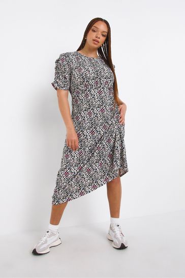 Simply Be Black Floral Print Ruched Sleeve Waffle Midi Dress