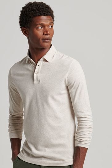 Superdry Cream Long Sleeve Cotton Jersey Polo Shirt