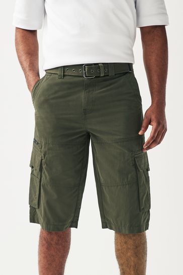 Khaki Green Long Length Belted Cargo Shorts