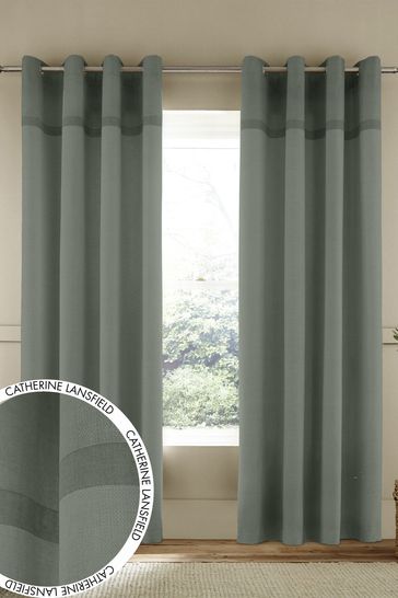 Catherine Lansfield Green Melville Woven Texture Cotton Eyelet Unlined Curtains