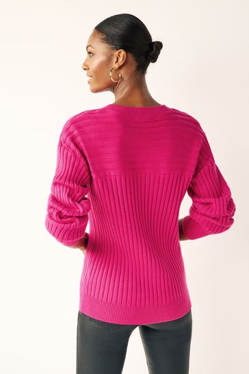 Bright Pink Ribbed V Neck Jumper