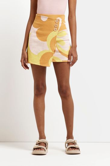 River Island Yellow Floral Jacquard Mini Skirt