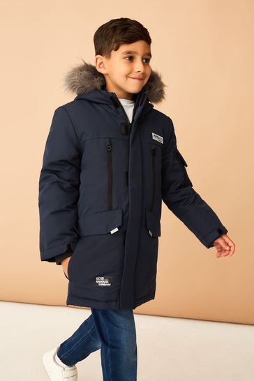 F&F Blue Parka With Faux Fur Hooded Coat