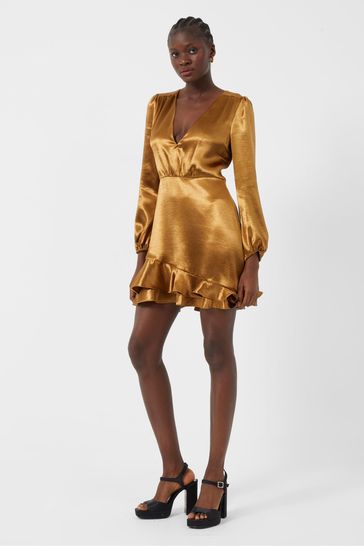 French Connection Gold Denney Satin Long Sleeve V-neck Dress