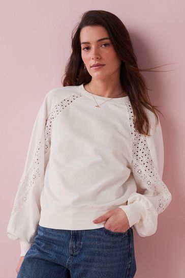 Ecru White Broderie Detail 100% Cotton Sweatshirt