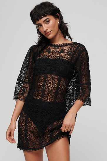 Superdry Black Beach Cover Up Lace Mini Dress