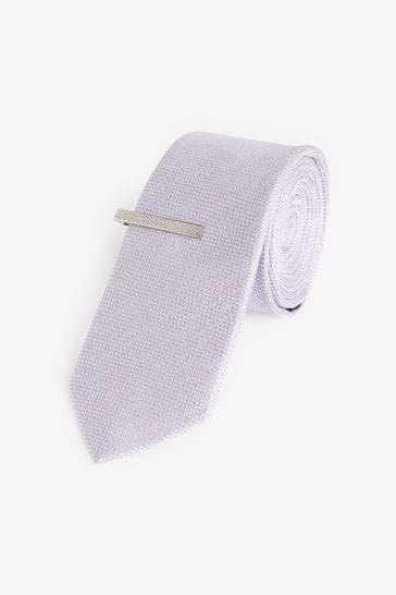 Lilac Purple Slim Textured Tie And Clip