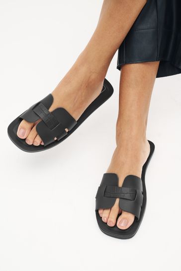 Black Croc Effect Regular / Wide Fit Forever Comfort® Leather Mule Flat Sandalias