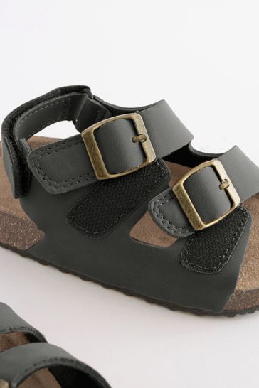 Black Standard Fit F Cushioned Footbed Double Buckle Touch Fastening Corkbed Sandals