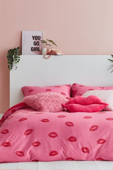 Sassy B Pink Pouting Lips Jersey Reversible Duvet Cover And Pillowcase Set