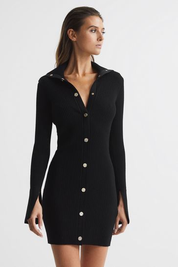 Black ribbed button dress outlet