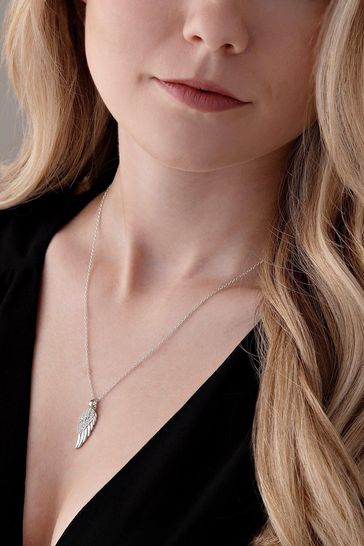 Beaverbrooks Sterling Silver Cubic Zirconia Angel Wing Pendant Necklace