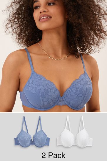 White/Blue Pad Full Cup Lace Bras 2 Pack