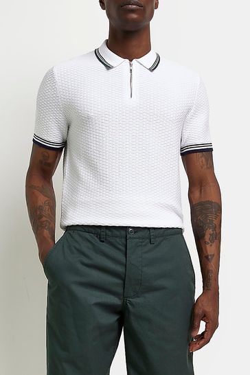 River Island White Textured Tipped Polo