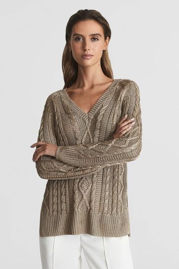 Buy Reiss Gold Vanessa V Neck Cable Knit Jumper from Next Luxembourg