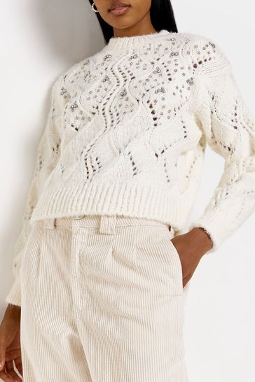 River Island Cream Diamante Stitch Jumper