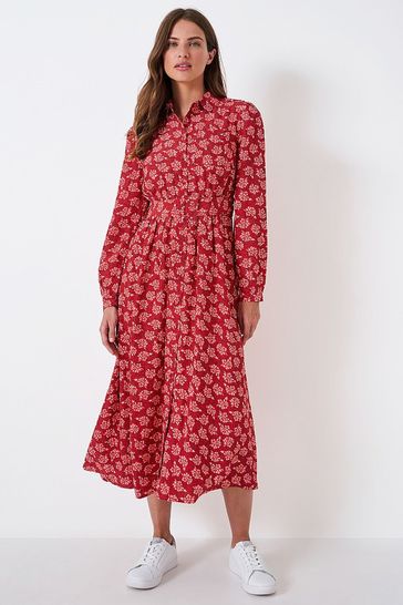 Crew Clothing Company Red Floral Print Flared Dress