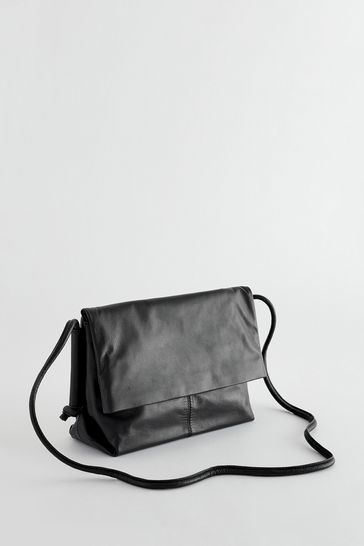 Black Leather Fold Over Cross-Body Bag