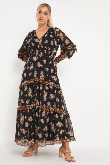 Simply Be Black Floral Tiered Mixed Print Maxi Dress