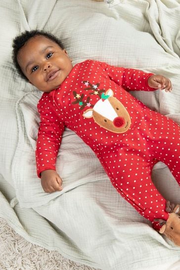 JoJo Maman Bébé Red Reindeer Appliqué Zip Cotton Baby Sleepsuit