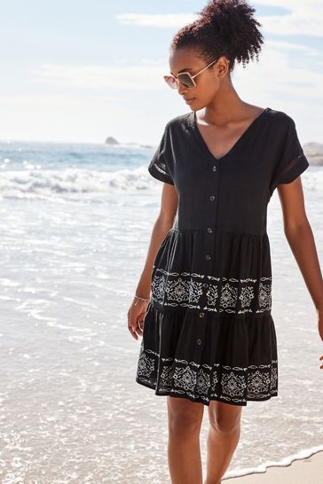 Black Embroidery Detail Linen Blend Tiered Mini Dress