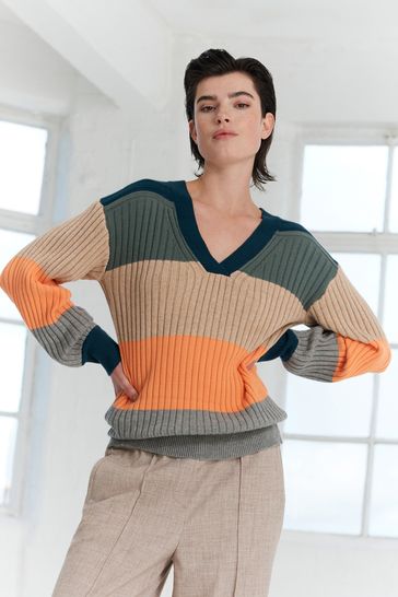 Buy Camel Stripe Ribbed V Neck Jumper from Next Netherlands