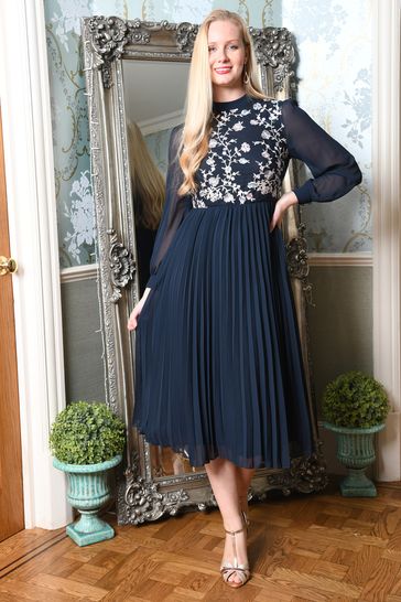 Yumi Blue Long Sleeve Embroidered Midi Dress With Pleats