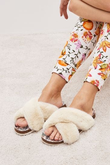Cream Floral Faux Fur Cork Crossover Slippers