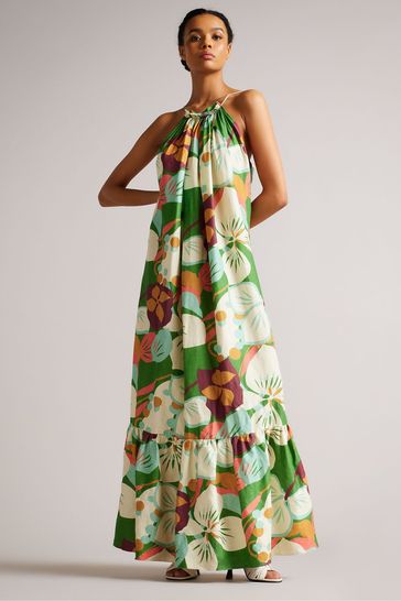 Ted Baker Green Dulina Strappy Linen Maxi Dress With Pleat Detail