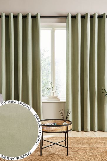 Catherine Lansfield Natural Cotton Chambray Lined Eyelet Curtains