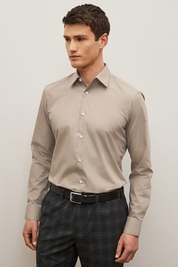 Neutral Brown Slim Fit Single Cuff Easy Care Single Cuff Shirt