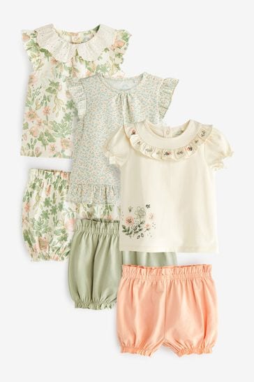 Green/Pink Floral 6 Piece Baby T-Shirts And Shorts Set