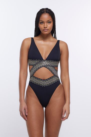 River Island Black Plunge Wrap Elastic Swimsuit