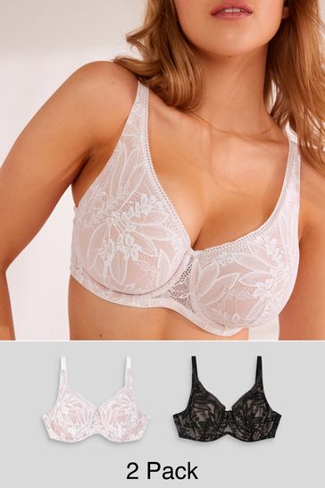 Black/White DD+ Non Pad Full Cup Lace Detail Bras 2 Pack