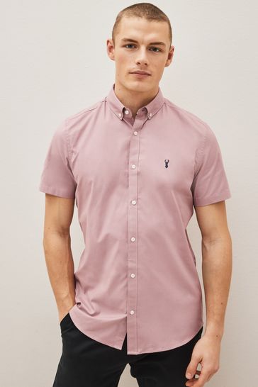 Dusky Pink Slim Short Sleeve Stretch Oxford Shirt