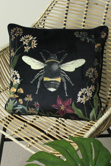 Evans Lichfield Black Multicolour Midnight Garden Bee Piped Velvet Cushion