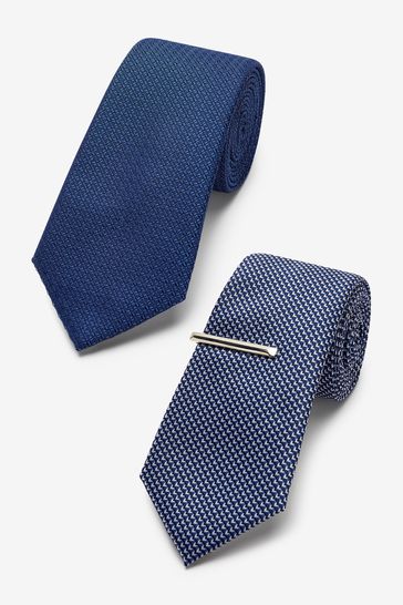 Blue Textured Tie With Tie Clips 2 Pack