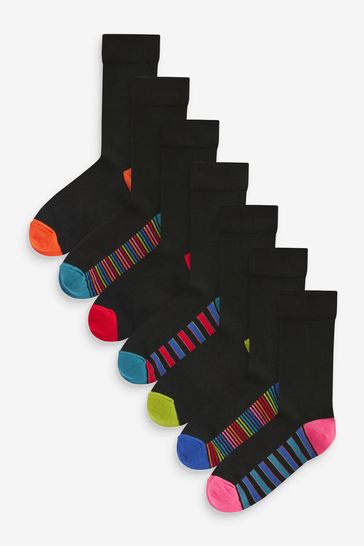 Pack de 7 pares de calcetines de hombre negros a rayas con alto contenido de algodón